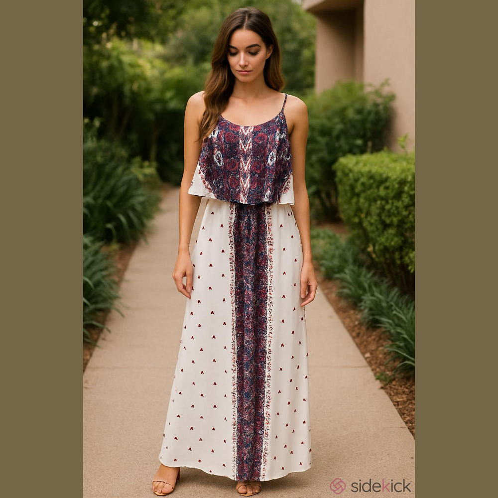 Japna Cream Maxi Dress White With Red And Blue Flowers and  Medallion Panel.
